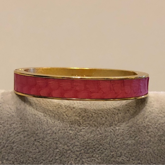 J. Crew Bracelet- Bangle style w/ hinged open.  Gold tone w/ pink faux leather - Picture 1 of 12